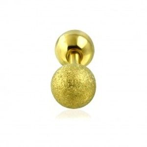 Šperky eshop - Piercing do ucha z chirurgickej ocele - hladká a pieskovaná guľôčka zlatej farby, 6 mm W24.27