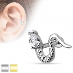 Šperky eshop - Piercing do ucha z chirurgickej ocele - zvlnený had s trojuholníkovým zirkónom W17.27/28 - Farba piercing: Zlatá