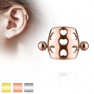 Šperky eshop - Piercing do ucha z ocele 316L - činka s guličkami, oblúk s výrezmi sŕdc W04.11/12 - Farba piercing: Medená