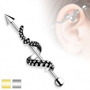 Šperky eshop - Piercing do ucha z ocele 316L - činka s guličkou a hrotom, rameno chobotnice AB30.21 - Farba piercing: Zlatá