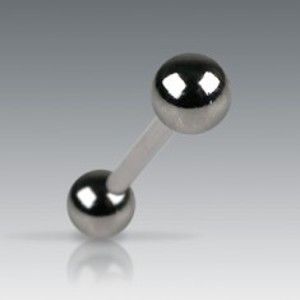 Šperky eshop - Piercing jazyka s tmavými matnými guličkami C8.5 - Rozmer: 1,6 mm x 12,7 mm x 6 mm