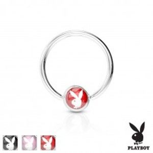 Šperky eshop - Piercing krúžok z chirurgickej ocele striebornej farby, gulička s Playboy zajačikom AB30.28/29 - Hrúbka x priemer: 1,2 mm x 10 mm, Farba piercing: Červená