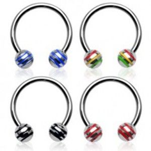 Šperky eshop - Piercing podkova gulička s farebnými pásikmi C5.1/C7.1 - Rozmer: 1,2 mm x 10 mm x 4 mm, Farba zirkónu: Červená - Žltá - Zelená - JM