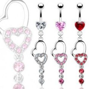 Šperky eshop - Piercing pupka dve srdcia a dva visiace zirkóny C8.18 - Farba zirkónu: Ružová - P