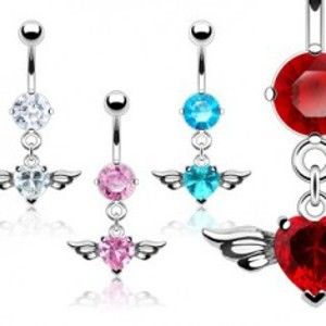 Šperky eshop - Piercing pupka veľký zirkón srdce a vtáčie krídla C5.19 - Farba piercing: Červená