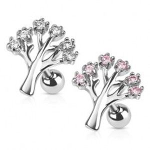 Šperky eshop - Piercing z chirurgickej ocele do tragusu - strom života so zirkónmi SP44.17 - Farba zirkónu: Ružová - P