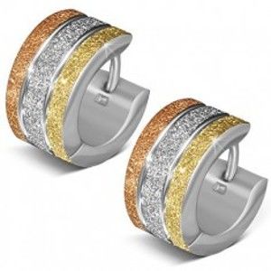 Šperky eshop - Pieskované okrúhle náušnice z ocele, tri farebné pásy S28.12