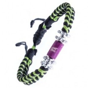 Šperky eshop - Pletený náramok - čierno-zelený, kvietky a valček s krížikmi Y52.04