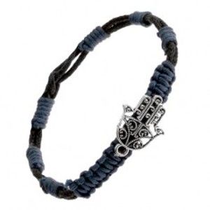 Šperky eshop - Pletený náramok - modročierne motúziky, prívesok vyrezávaná budhistická ruka SP50.13