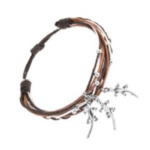 Šperky eshop - Pletený náramok, rôznofarebné šnúrky, oceľové ozdoby - guľôčky a jašteričky U2.15