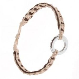 Šperky eshop - Pletený náramok z béžových a čokoládových šnúrok, kovový kruh S28.17