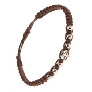 Šperky eshop - Pletený náramok z gaštanovohnedých šnúrok, guličky a hviezda S33.25