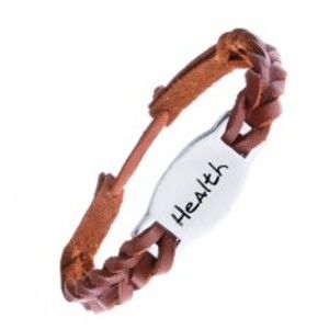 Šperky eshop - Pletený náramok z kože - hnedý, oceľová známka "HEALTH" Z12.11
