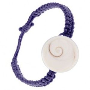Šperky eshop - Pletený náramok z tmavofialových šnúrok, kruhová mušľa S11.03