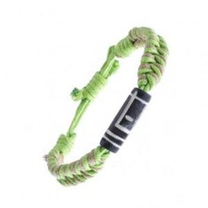 Šperky eshop - Pletený náramok zo šnúrok - béžovo-zelený, vyrezávaný valček Y52.04