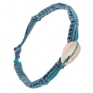 Šperky eshop - Pletený šnúrkový náramok s pásikmi rôznych odtieňov modrej, mušľa S12.20