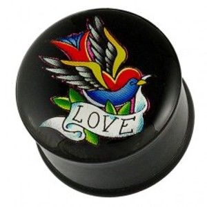 Šperky eshop - Plug do ucha - pestrofarebný vtáčik, stuha a nápis LOVE W02.03/05 - Hrúbka piercingu: 11,5 mm