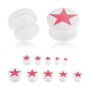 Šperky eshop - Plug do ucha, akryl bielej farby, ružová päťcípa hviezda, číra gumička S2.3 - Hrúbka: 18 mm