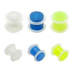 Šperky eshop - Plug do ucha z akrylu - priehľadný s gumičkami U20.06/08/10 - Hrúbka: 5 mm, Farba piercing: Modrá