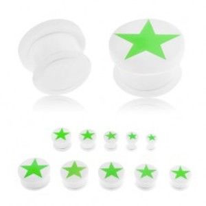 Šperky eshop - Plug do ucha z akrylu bielej farby, zelená päťcípa hviezda žiariaca v tme, gumička S23.08 - Hrúbka: 20 mm