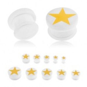 Šperky eshop - Plug do ucha z akrylu bielej farby, žltá päťcípa hviezda, gumička U6.3 - Hrúbka: 18 mm