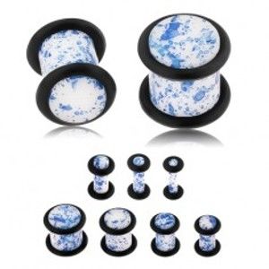 Šperky eshop - Plug do ucha z akrylu, biely povrch pofŕkaný modrou farbou, gumičky S45.15 - Hrúbka: 4 mm