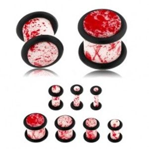 Šperky eshop - Plug do ucha z akrylu, biely povrch zdobený červenými škvrnami, gumičky S35.18 - Hrúbka: 6 mm 
