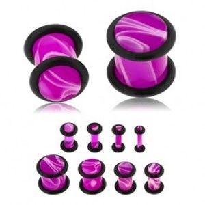 Šperky eshop - Plug do ucha z akrylu fialovej farby, biely mramorový vzor, dve gumičky S44.21 - Hrúbka: 3 mm