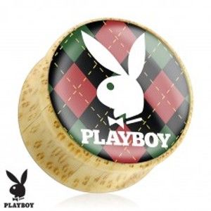 Šperky eshop - Plug do ucha z bambusového dreva, zajačik Playboy na károvanom podklade S1.13 - Hrúbka: 12 mm