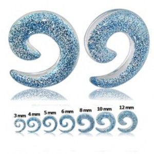 Šperky eshop - Priehľadný expander do ucha - špirála s modrými trblietkami A12.15 - Hrúbka: 8 mm