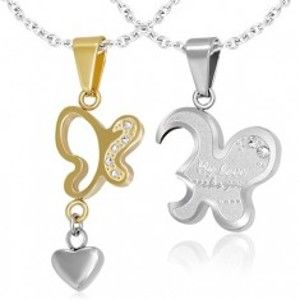 Šperky eshop - Prívesky motýliky pre dvoch - skladajúce sa do seba so zirkónmi a srdcom R13.19