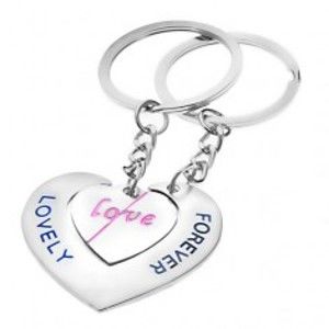 Šperky eshop - Prívesky na kľúče pre zamilovaných - srdcia s nápismi LOVE a LOVELY FOREVER Y23.11