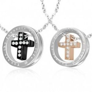 Šperky eshop - Prívesky pre dvojicu - kríž so zirkónmi v kruhu, čierna a zlatá farba A23.3