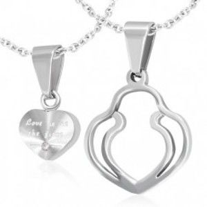 Šperky eshop - Prívesky pre dvojicu - srdce striebornej farby, dvojitý obrys srdca, zirkón R14.16