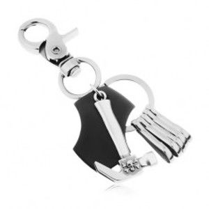Šperky eshop - Prívesok na kľúče - matný tmavosivý povrch, čierna umelá koža s kladivom Z38.20