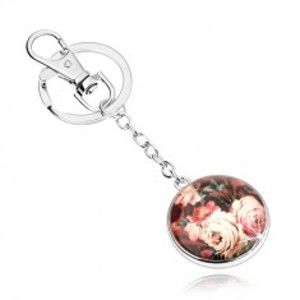 Šperky eshop - Prívesok na kľúče, kruh, vypuklá číra glazúra, pestrofarebné rozkvitnuté ruže SP53.03