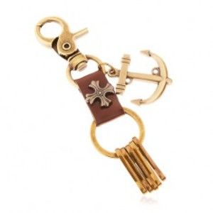 Šperky eshop - Prívesok na kľúče, patinovaný mosadzný odtieň, hnedá koža s krížom, kotva Z37.6