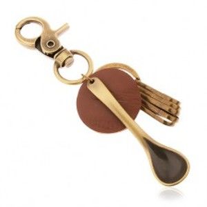 Šperky eshop - Prívesok na kľúče v mosadznom odtieni, kruh z hnedej umelej kože, lyžica Z36.14