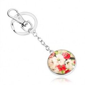 Šperky eshop - Prívesok na kľúče v štýle kabošon, vypuklé sklo, biele a červené kvety SP74.01