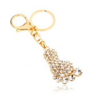 Šperky eshop - Prívesok na kľúče v zlatej farbe, trblietavé chodidlo, číre zirkóny SP65.22