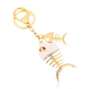 Šperky eshop - Prívesok na kľúče v zlatom odtieni, dve lesklé rybie kosti, biela glazúra, zirkóny SP65.18
