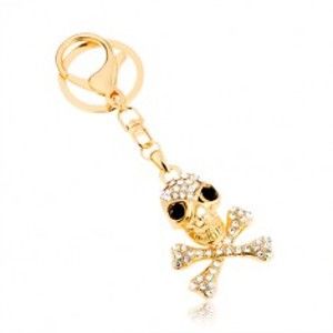 Šperky eshop - Prívesok na kľúče, zlatý odtieň, lebka s prekríženými kosťami, zirkóny SP65.13