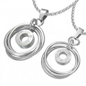 Šperky eshop - Prívesok pre dvojicu - prepletené prstence so zirkónmi a nápisom AB31.09