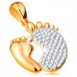 Šperky eshop - Prívesok v 14K zlate - dve chodidlá - hladké menšie a zirkónové väčšie GG195.36