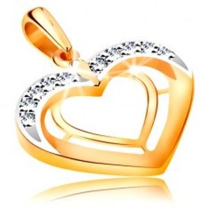 Šperky eshop - Prívesok v 14K zlate - dve srdcové kontúry v dvojfarebnom prevedení, zirkóny GG194.65