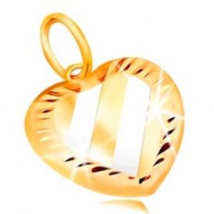 Šperky eshop - Prívesok v 14K zlate - dvojfarebné srdce so šikmými pásmi a zárezmi po obvode GG211.63