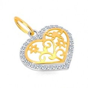 Šperky eshop - Prívesok v 14K zlate - kontúra srdca so zirkónmi, ozdobne vyrezávaný stred GG37.27