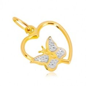 Šperky eshop - Prívesok v kombinovanom 14K zlate - lesklý obrys srdca, motýlik GG37.22