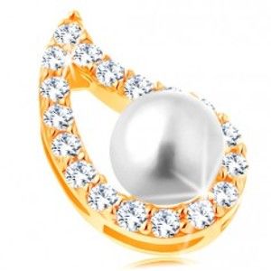 Šperky eshop - Prívesok v žltom 14K zlate - asymetrický obrys kvapky, číre zirkóny, perla GG123.08