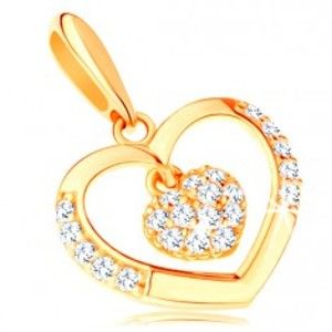 Šperky eshop - Prívesok v žltom 14K zlate - kontúra srdca s menším zirkónovým srdiečkom GG118.12
